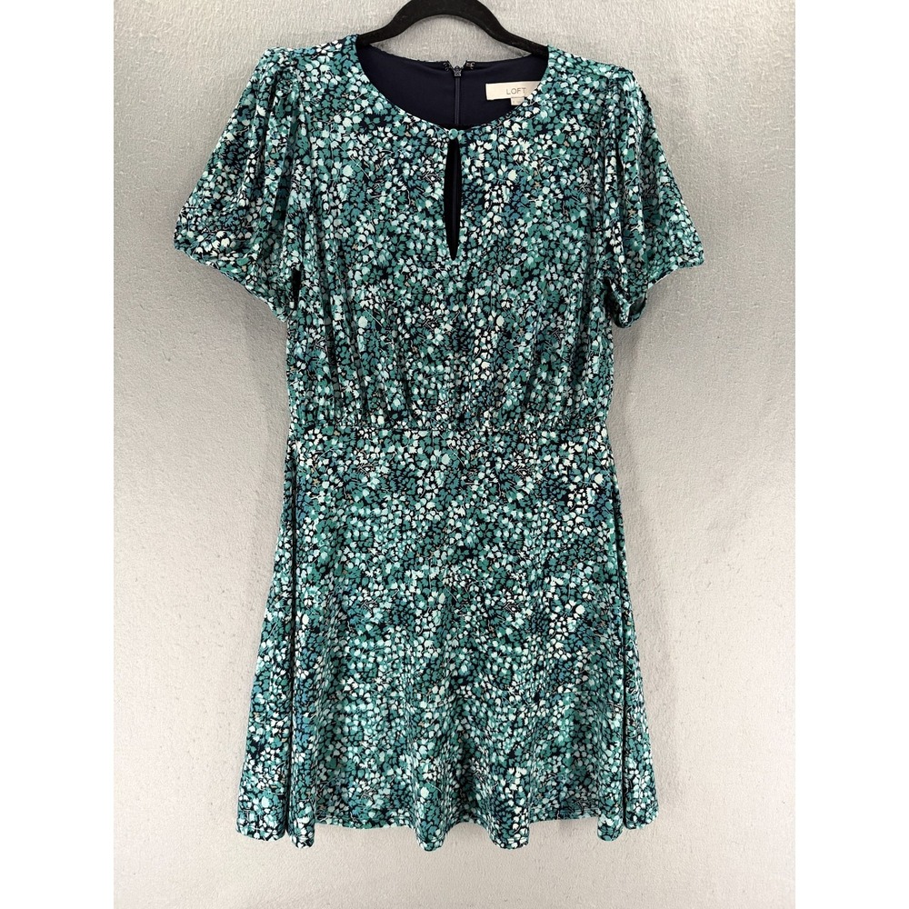 Loft Dress Womens 2 Navy Teal Ditsy Print Keyhole Neck Cottagecore Garden Dainty